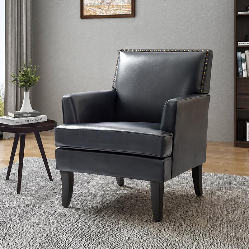 Fauteuil en cuir synthétique avec dossier clouté, rembourrage en mousse et pieds en bois massif noir | Marron / Bleu marine / Sauge / Gris | Siège unique