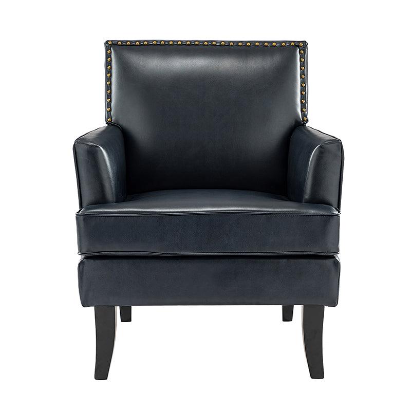 Fauteuil en cuir synthétique avec dossier clouté, rembourrage en mousse et pieds en bois massif noir | Marron / Bleu marine / Sauge / Gris | Siège unique