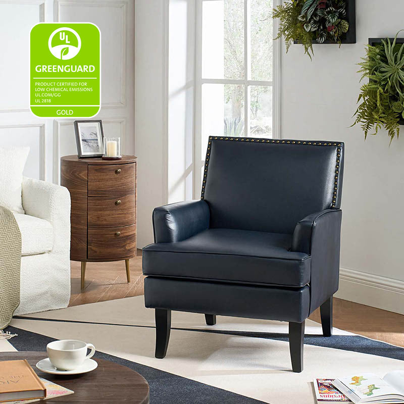 Fauteuil en cuir synthétique avec dossier clouté, rembourrage en mousse et pieds en bois massif noir | Marron / Bleu marine / Sauge / Gris | Siège unique