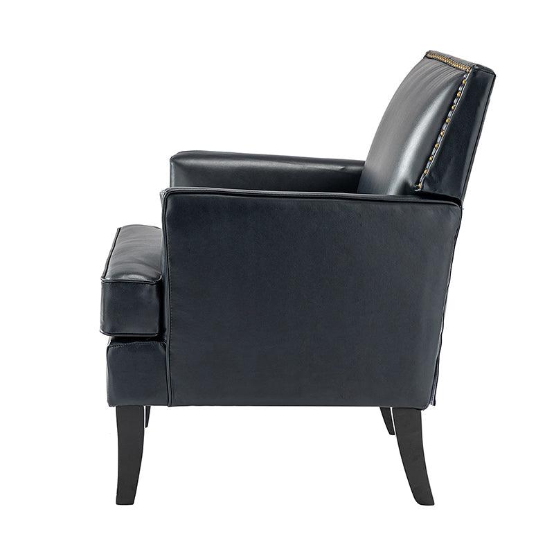 Fauteuil en cuir synthétique avec dossier clouté, rembourrage en mousse et pieds en bois massif noir | Marron / Bleu marine / Sauge / Gris | Siège unique