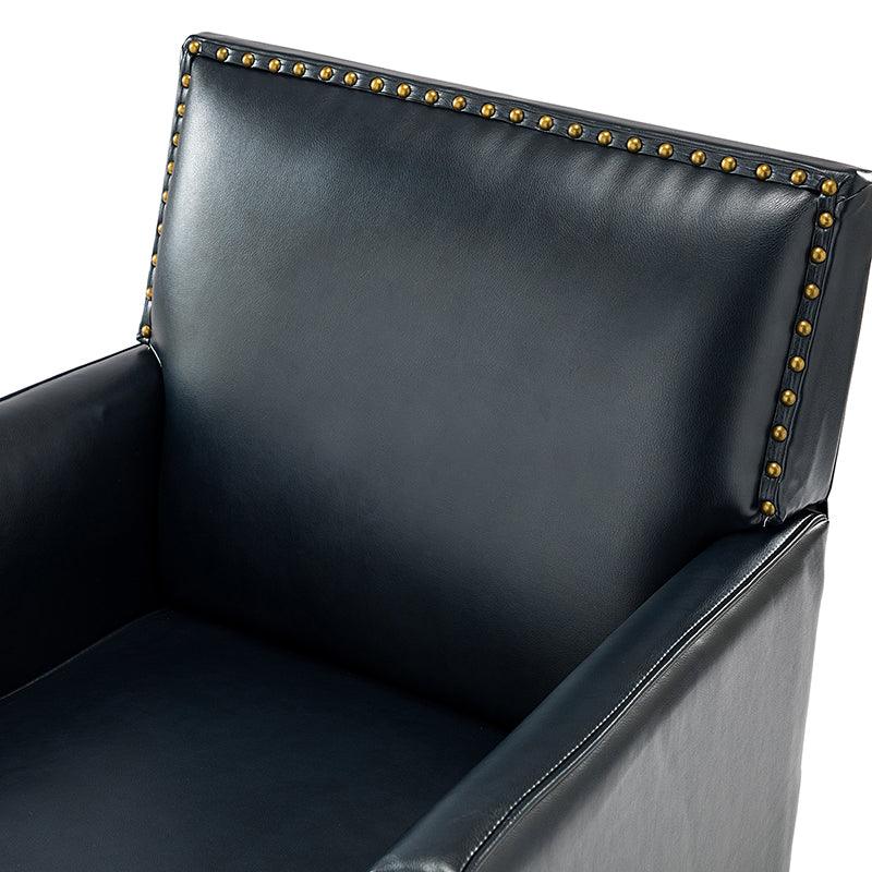 Fauteuil en cuir synthétique avec dossier clouté, rembourrage en mousse et pieds en bois massif noir | Marron / Bleu marine / Sauge / Gris | Siège unique