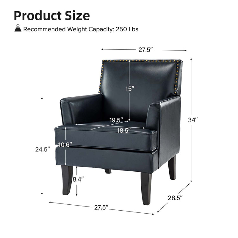 Fauteuil en cuir synthétique avec dossier clouté, rembourrage en mousse et pieds en bois massif noir | Marron / Bleu marine / Sauge / Gris | Siège unique
