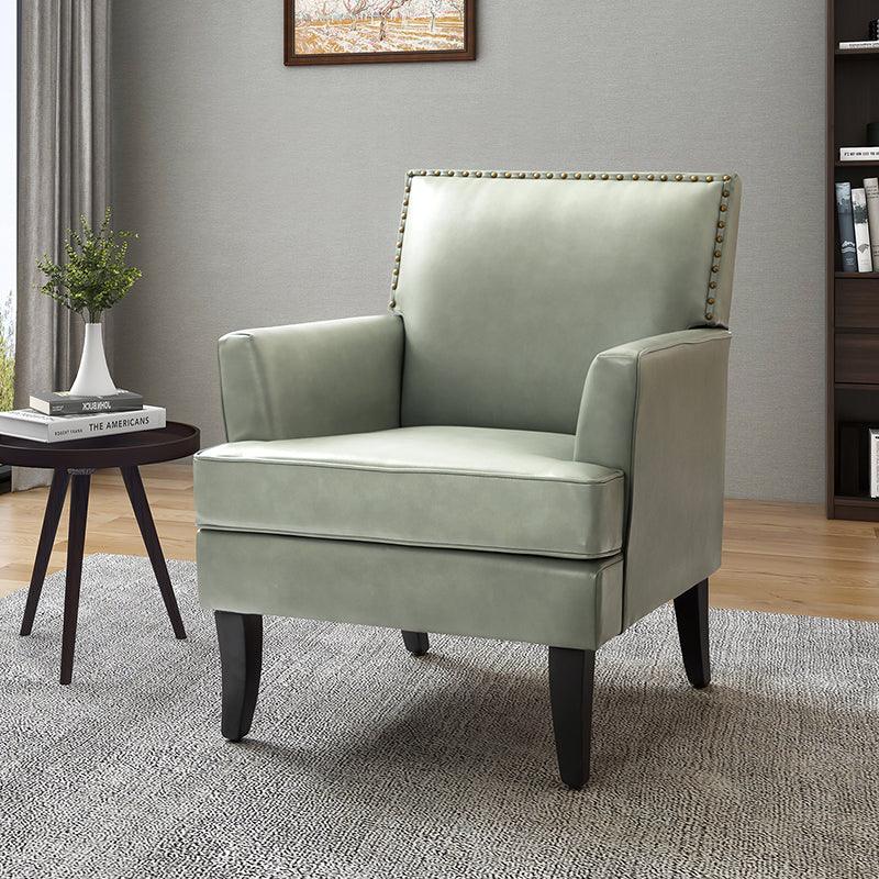 Fauteuil en cuir synthétique avec dossier clouté, rembourrage en mousse et pieds en bois massif noir | Marron / Bleu marine / Sauge / Gris | Siège unique