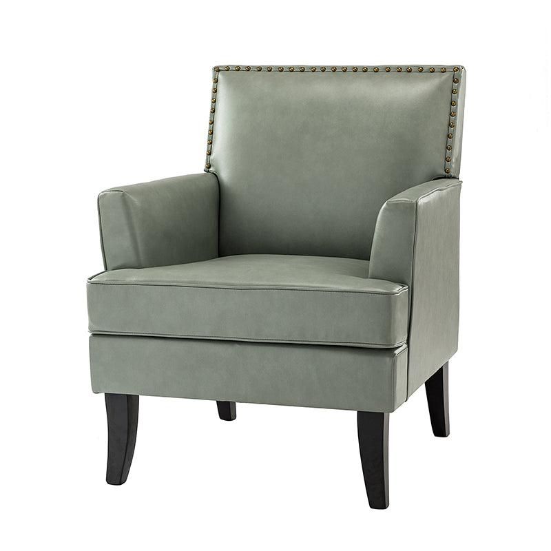Fauteuil en cuir synthétique avec dossier clouté, rembourrage en mousse et pieds en bois massif noir | Marron / Bleu marine / Sauge / Gris | Siège unique