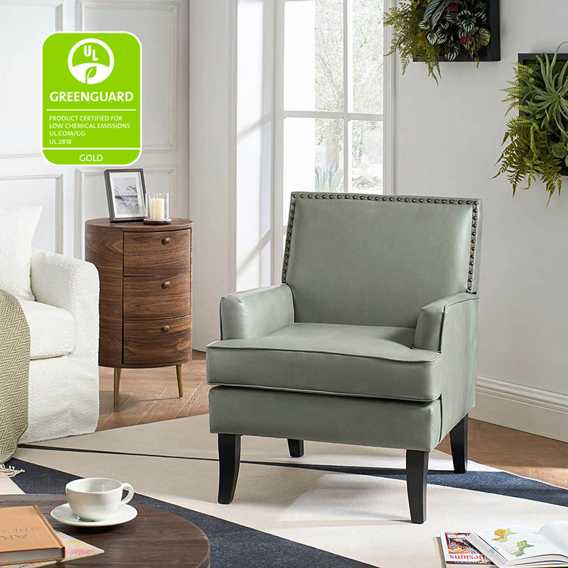Fauteuil en cuir synthétique avec dossier clouté, rembourrage en mousse et pieds en bois massif noir | Marron / Bleu marine / Sauge / Gris | Siège unique