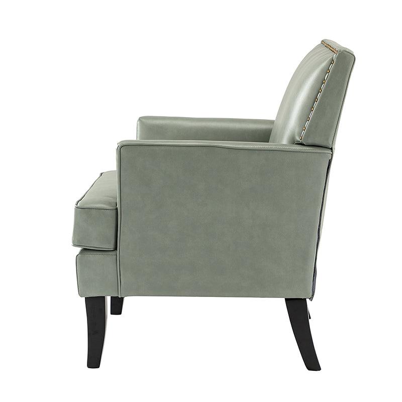 Fauteuil en cuir synthétique avec dossier clouté, rembourrage en mousse et pieds en bois massif noir | Marron / Bleu marine / Sauge / Gris | Siège unique