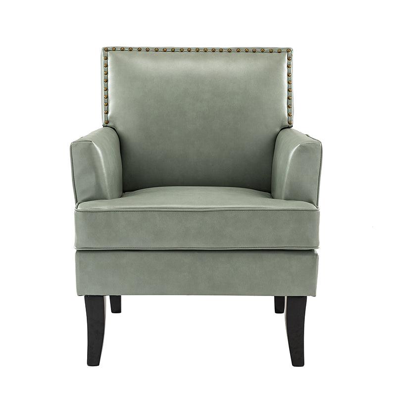 Fauteuil en cuir synthétique avec dossier clouté, rembourrage en mousse et pieds en bois massif noir | Marron / Bleu marine / Sauge / Gris | Siège unique