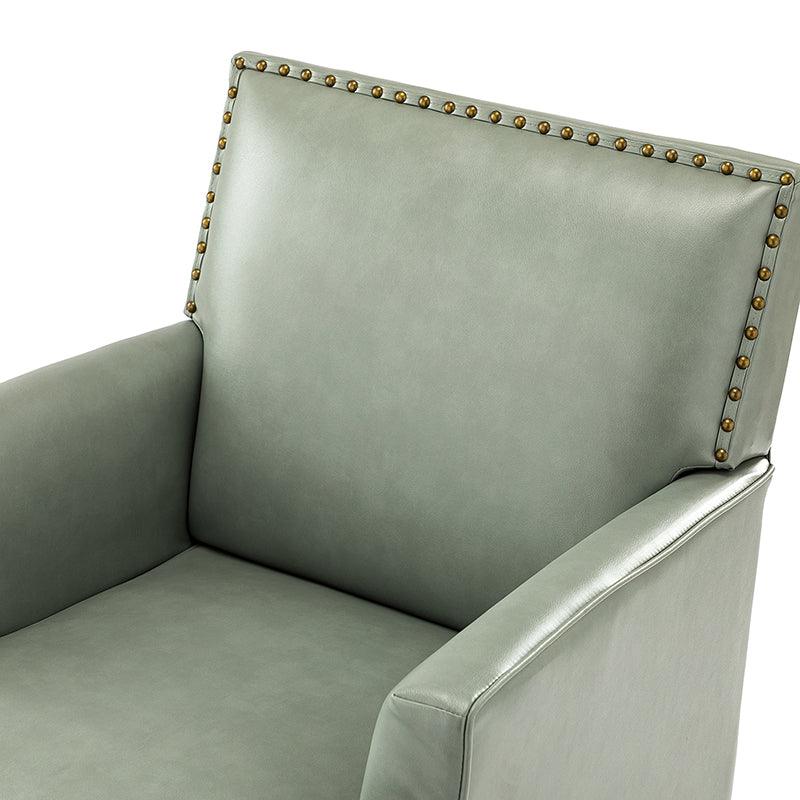 Fauteuil en cuir synthétique avec dossier clouté, rembourrage en mousse et pieds en bois massif noir | Marron / Bleu marine / Sauge / Gris | Siège unique