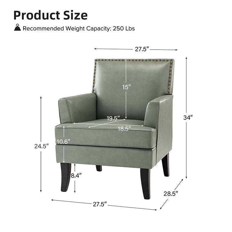 Fauteuil en cuir synthétique avec dossier clouté, rembourrage en mousse et pieds en bois massif noir | Marron / Bleu marine / Sauge / Gris | Siège unique