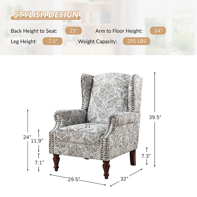 Fauteuil à oreilles avec garniture cloutée en cuivre, accoudoirs roulés, coussin d'assise amovible et pieds en bois massif de noyer tournés | Oiseau / Bleu marine / Noir / Moutarde / Beige / Vert | Monoplace