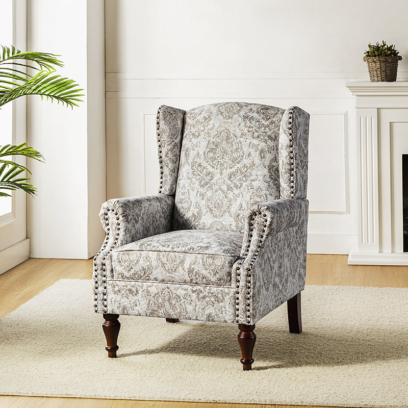 Fauteuil à oreilles avec garniture cloutée en cuivre, accoudoirs roulés, coussin d'assise amovible et pieds en bois massif de noyer tournés | Oiseau / Bleu marine / Noir / Moutarde / Beige / Vert | Monoplace