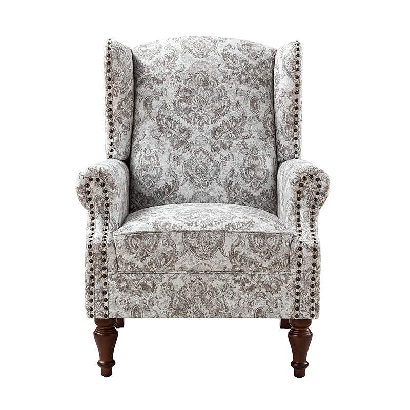 Fauteuil à oreilles avec garniture cloutée en cuivre, accoudoirs roulés, coussin d'assise amovible et pieds en bois massif de noyer tournés | Oiseau / Bleu marine / Noir / Moutarde / Beige / Vert | Monoplace