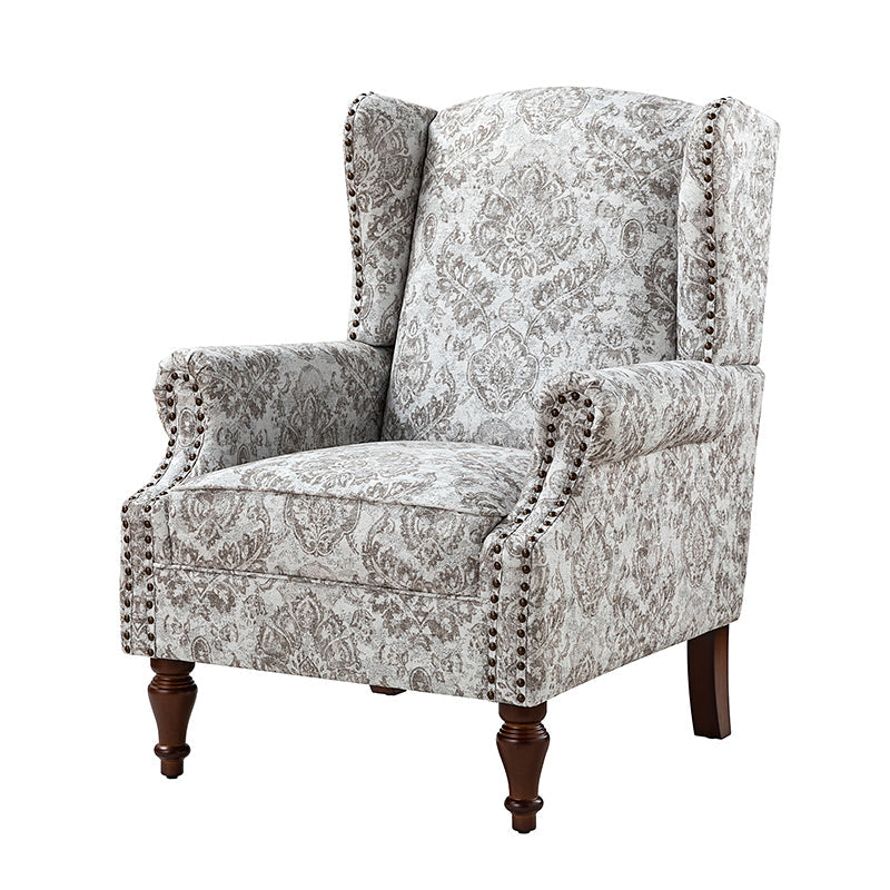 Fauteuil à oreilles avec garniture cloutée en cuivre, accoudoirs roulés, coussin d'assise amovible et pieds en bois massif de noyer tournés | Oiseau / Bleu marine / Noir / Moutarde / Beige / Vert | Monoplace