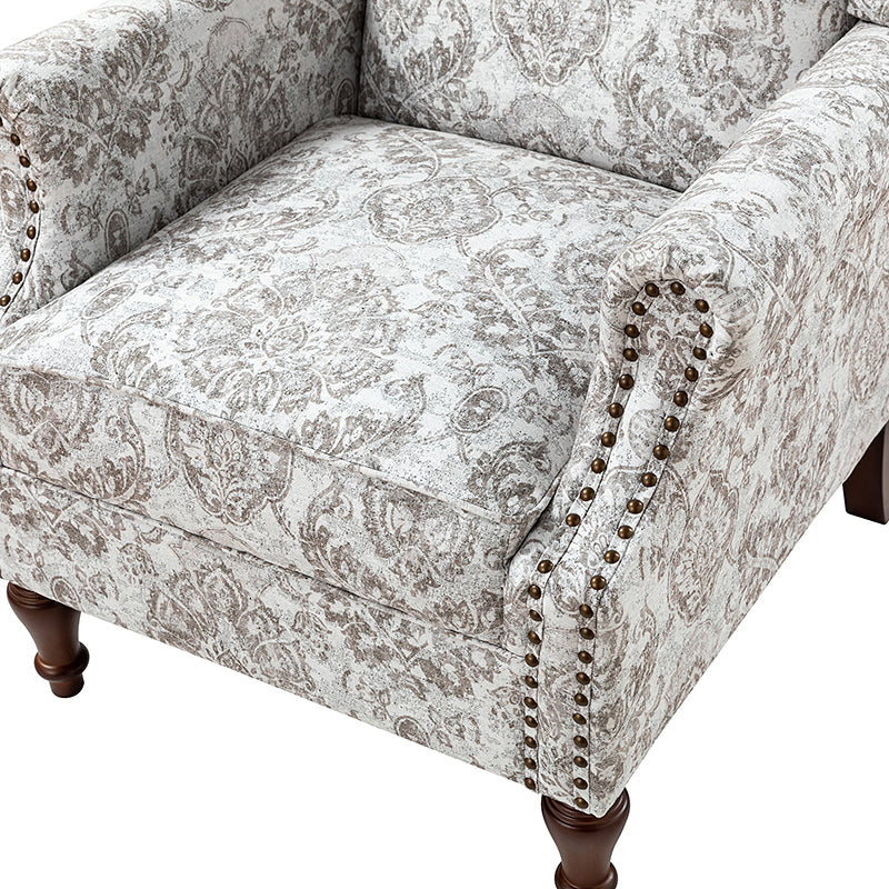 Fauteuil à oreilles avec garniture cloutée en cuivre, accoudoirs roulés, coussin d'assise amovible et pieds en bois massif de noyer tournés | Oiseau / Bleu marine / Noir / Moutarde / Beige / Vert | Monoplace