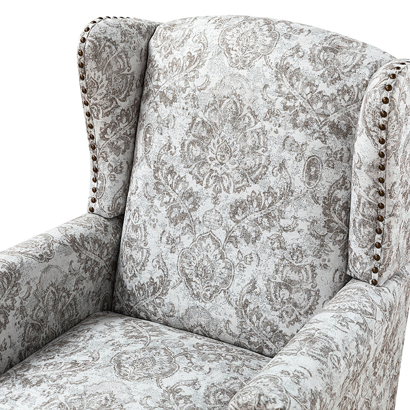 Fauteuil à oreilles avec garniture cloutée en cuivre, accoudoirs roulés, coussin d'assise amovible et pieds en bois massif de noyer tournés | Oiseau / Bleu marine / Noir / Moutarde / Beige / Vert | Monoplace