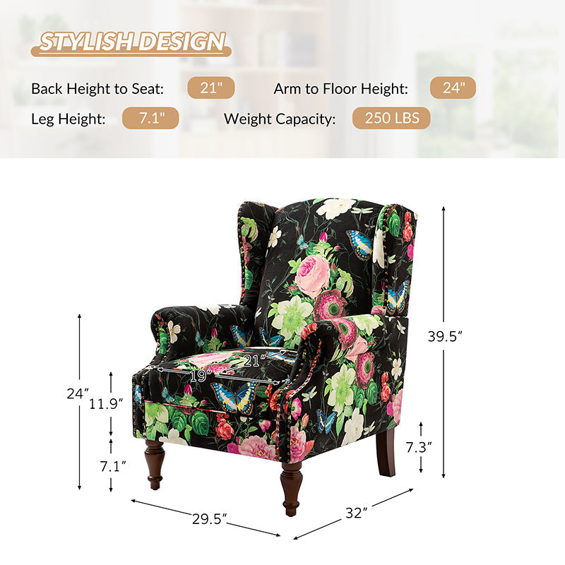 Fauteuil à oreilles avec garniture cloutée en cuivre, accoudoirs roulés, coussin d'assise amovible et pieds en bois massif de noyer tournés | Oiseau / Bleu marine / Noir / Moutarde / Beige / Vert | Monoplace