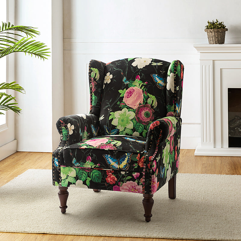 Fauteuil à oreilles avec garniture cloutée en cuivre, accoudoirs roulés, coussin d'assise amovible et pieds en bois massif de noyer tournés | Oiseau / Bleu marine / Noir / Moutarde / Beige / Vert | Monoplace