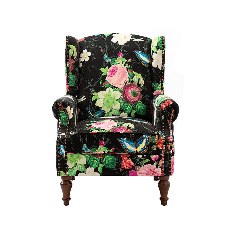 Fauteuil à oreilles avec garniture cloutée en cuivre, accoudoirs roulés, coussin d'assise amovible et pieds en bois massif de noyer tournés | Oiseau / Bleu marine / Noir / Moutarde / Beige / Vert | Monoplace