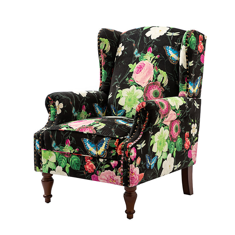 Fauteuil à oreilles avec garniture cloutée en cuivre, accoudoirs roulés, coussin d'assise amovible et pieds en bois massif de noyer tournés | Oiseau / Bleu marine / Noir / Moutarde / Beige / Vert | Monoplace