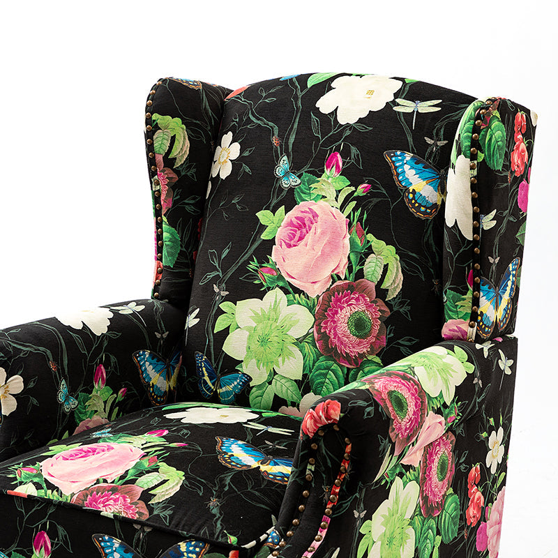Fauteuil à oreilles avec garniture cloutée en cuivre, accoudoirs roulés, coussin d'assise amovible et pieds en bois massif de noyer tournés | Oiseau / Bleu marine / Noir / Moutarde / Beige / Vert | Monoplace
