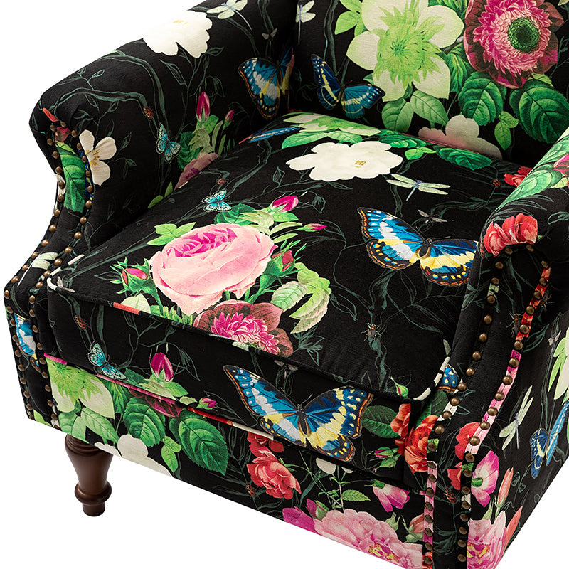 Fauteuil à oreilles avec garniture cloutée en cuivre, accoudoirs roulés, coussin d'assise amovible et pieds en bois massif de noyer tournés | Oiseau / Bleu marine / Noir / Moutarde / Beige / Vert | Monoplace