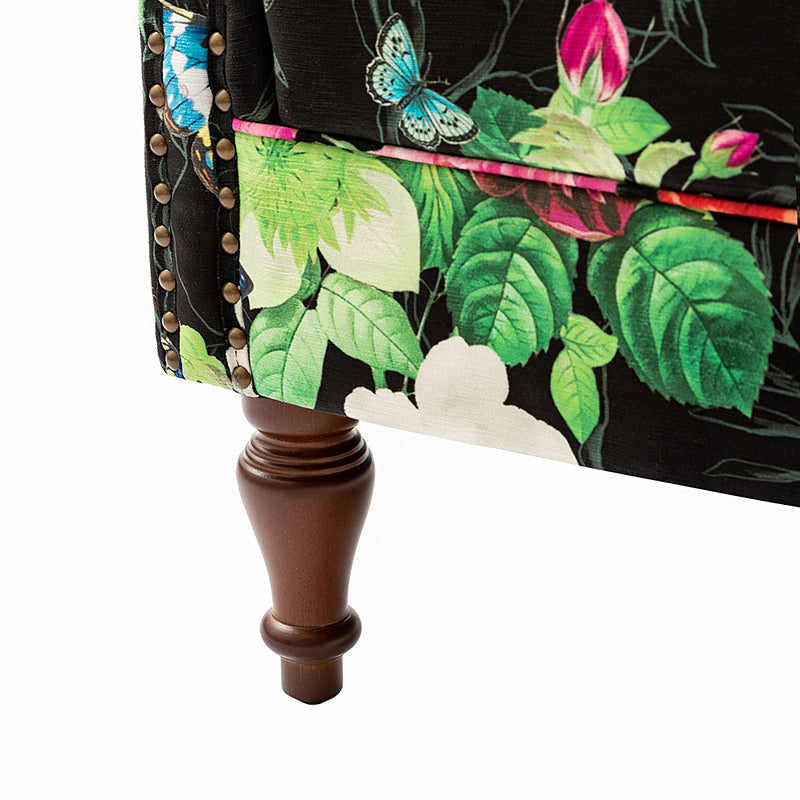 Fauteuil à oreilles avec garniture cloutée en cuivre, accoudoirs roulés, coussin d'assise amovible et pieds en bois massif de noyer tournés | Oiseau / Bleu marine / Noir / Moutarde / Beige / Vert | Monoplace