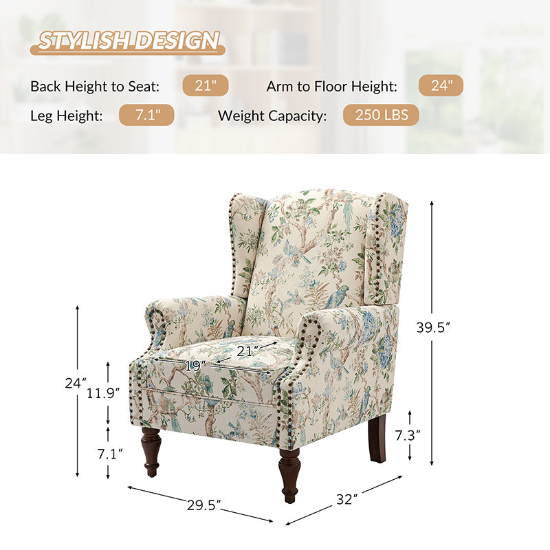 Fauteuil à oreilles avec garniture cloutée en cuivre, accoudoirs roulés, coussin d'assise amovible et pieds en bois massif de noyer tournés | Oiseau / Bleu marine / Noir / Moutarde / Beige / Vert | Monoplace