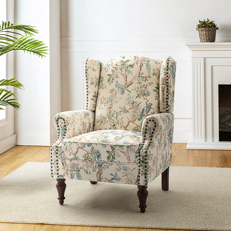 Fauteuil à oreilles avec garniture cloutée en cuivre, accoudoirs roulés, coussin d'assise amovible et pieds en bois massif de noyer tournés | Oiseau / Bleu marine / Noir / Moutarde / Beige / Vert | Monoplace