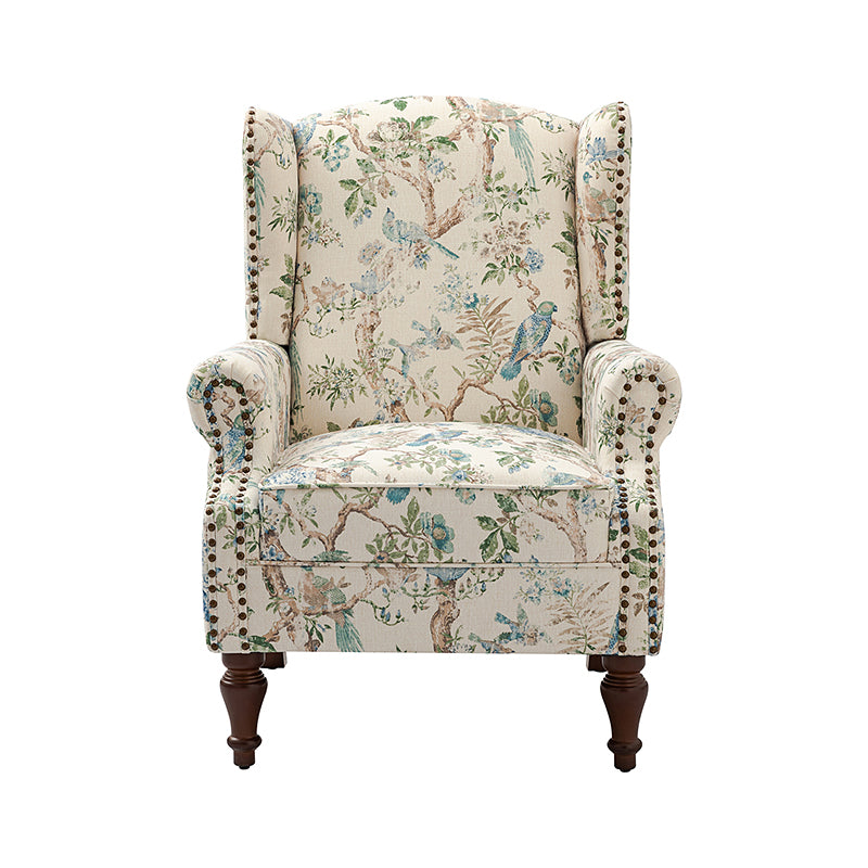 Fauteuil à oreilles avec garniture cloutée en cuivre, accoudoirs roulés, coussin d'assise amovible et pieds en bois massif de noyer tournés | Oiseau / Bleu marine / Noir / Moutarde / Beige / Vert | Monoplace