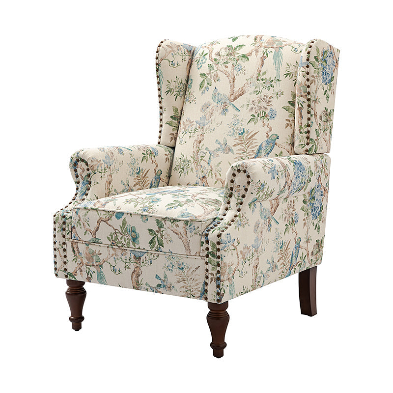 Fauteuil à oreilles avec garniture cloutée en cuivre, accoudoirs roulés, coussin d'assise amovible et pieds en bois massif de noyer tournés | Oiseau / Bleu marine / Noir / Moutarde / Beige / Vert | Monoplace