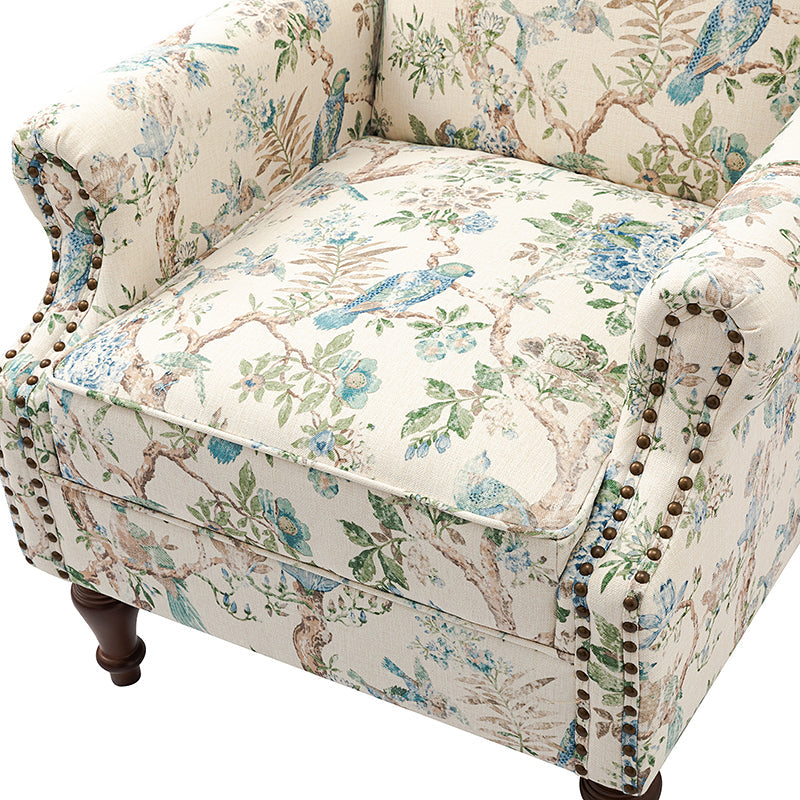 Fauteuil à oreilles avec garniture cloutée en cuivre, accoudoirs roulés, coussin d'assise amovible et pieds en bois massif de noyer tournés | Oiseau / Bleu marine / Noir / Moutarde / Beige / Vert | Monoplace