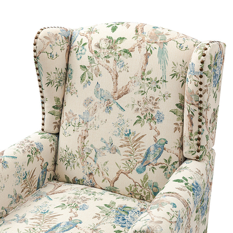 Fauteuil à oreilles avec garniture cloutée en cuivre, accoudoirs roulés, coussin d'assise amovible et pieds en bois massif de noyer tournés | Oiseau / Bleu marine / Noir / Moutarde / Beige / Vert | Monoplace