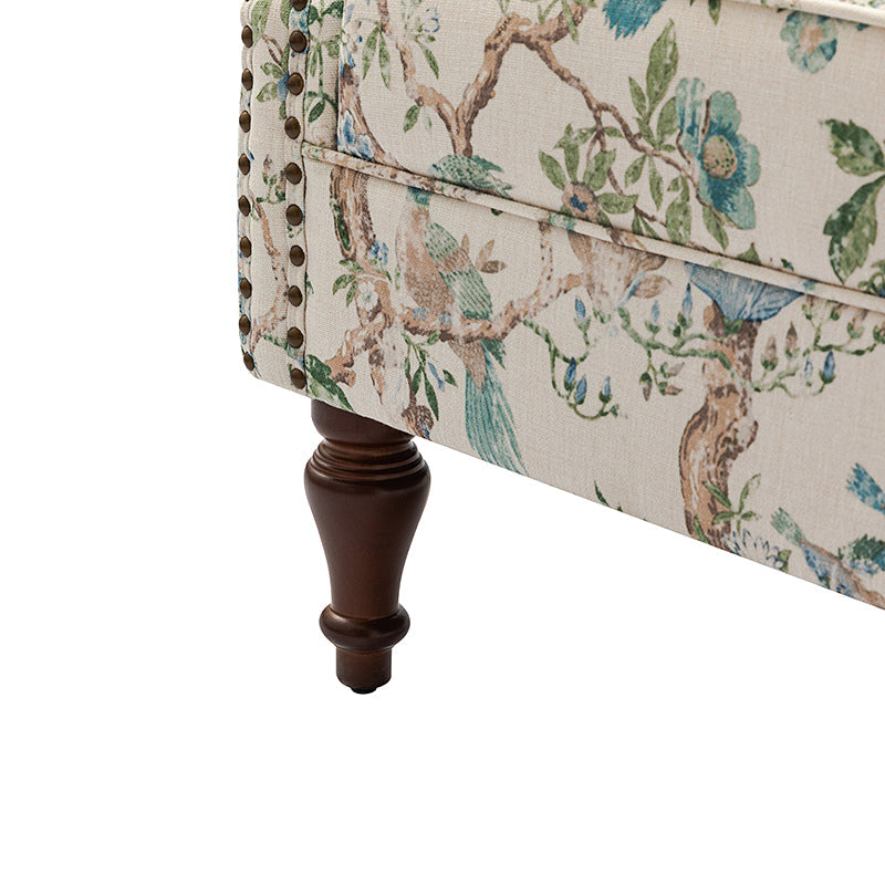 Fauteuil à oreilles avec garniture cloutée en cuivre, accoudoirs roulés, coussin d'assise amovible et pieds en bois massif de noyer tournés | Oiseau / Bleu marine / Noir / Moutarde / Beige / Vert | Monoplace