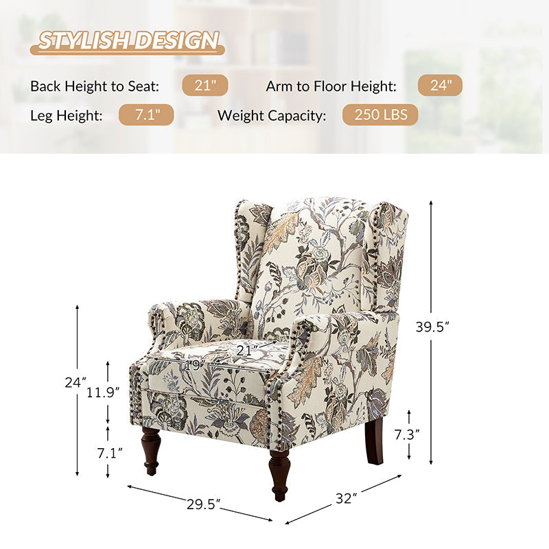 Fauteuil à oreilles avec garniture cloutée en cuivre, accoudoirs roulés, coussin d'assise amovible et pieds en bois massif de noyer tournés | Oiseau / Bleu marine / Noir / Moutarde / Beige / Vert | Monoplace