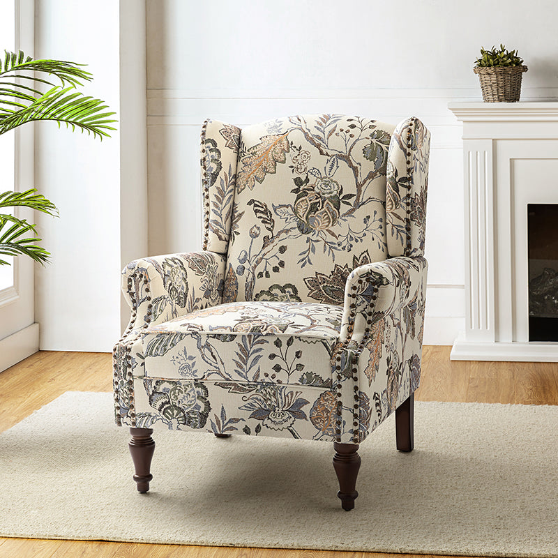 Fauteuil à oreilles avec garniture cloutée en cuivre, accoudoirs roulés, coussin d'assise amovible et pieds en bois massif de noyer tournés | Oiseau / Bleu marine / Noir / Moutarde / Beige / Vert | Monoplace