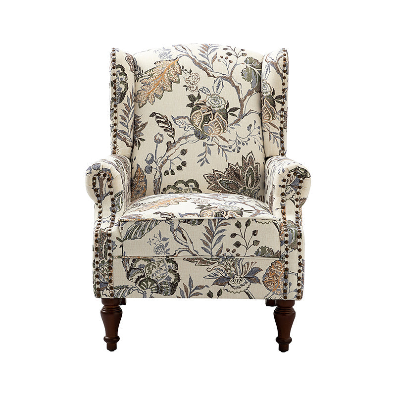 Fauteuil à oreilles avec garniture cloutée en cuivre, accoudoirs roulés, coussin d'assise amovible et pieds en bois massif de noyer tournés | Oiseau / Bleu marine / Noir / Moutarde / Beige / Vert | Monoplace