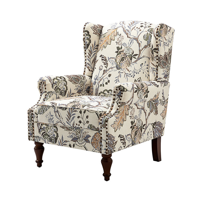 Fauteuil à oreilles avec garniture cloutée en cuivre, accoudoirs roulés, coussin d'assise amovible et pieds en bois massif de noyer tournés | Oiseau / Bleu marine / Noir / Moutarde / Beige / Vert | Monoplace