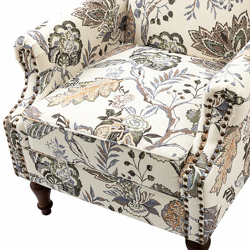 Fauteuil à oreilles avec garniture cloutée en cuivre, accoudoirs roulés, coussin d'assise amovible et pieds en bois massif de noyer tournés | Oiseau / Bleu marine / Noir / Moutarde / Beige / Vert | Monoplace