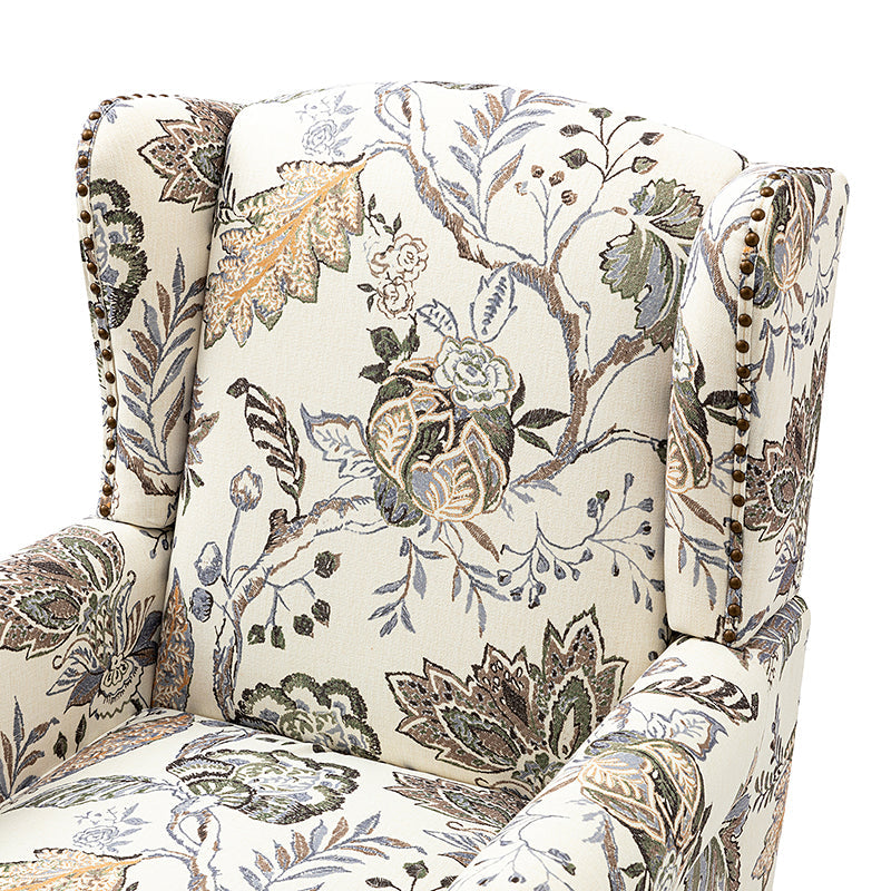 Fauteuil à oreilles avec garniture cloutée en cuivre, accoudoirs roulés, coussin d'assise amovible et pieds en bois massif de noyer tournés | Oiseau / Bleu marine / Noir / Moutarde / Beige / Vert | Monoplace