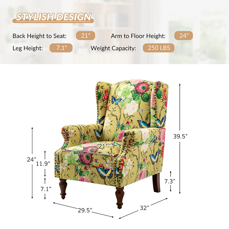 Fauteuil à oreilles avec garniture cloutée en cuivre, accoudoirs roulés, coussin d'assise amovible et pieds en bois massif de noyer tournés | Oiseau / Bleu marine / Noir / Moutarde / Beige / Vert | Monoplace