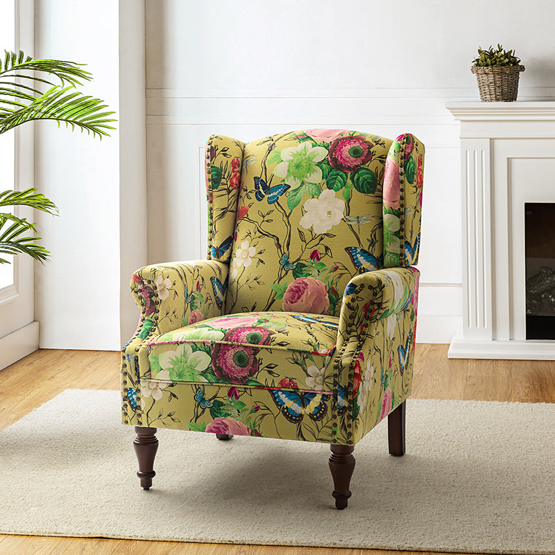 Fauteuil à oreilles avec garniture cloutée en cuivre, accoudoirs roulés, coussin d'assise amovible et pieds en bois massif de noyer tournés | Oiseau / Bleu marine / Noir / Moutarde / Beige / Vert | Monoplace