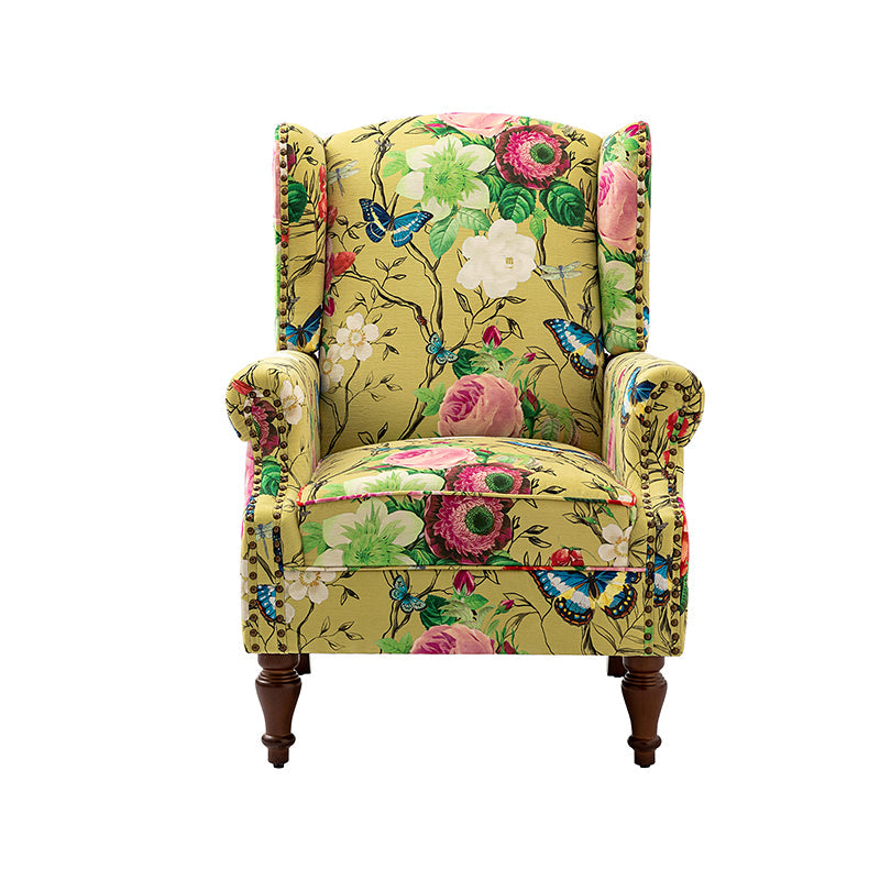 Fauteuil à oreilles avec garniture cloutée en cuivre, accoudoirs roulés, coussin d'assise amovible et pieds en bois massif de noyer tournés | Oiseau / Bleu marine / Noir / Moutarde / Beige / Vert | Monoplace