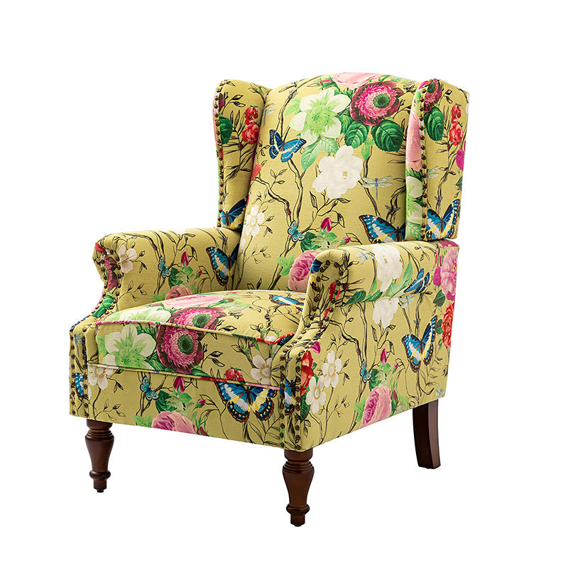 Fauteuil à oreilles avec garniture cloutée en cuivre, accoudoirs roulés, coussin d'assise amovible et pieds en bois massif de noyer tournés | Oiseau / Bleu marine / Noir / Moutarde / Beige / Vert | Monoplace