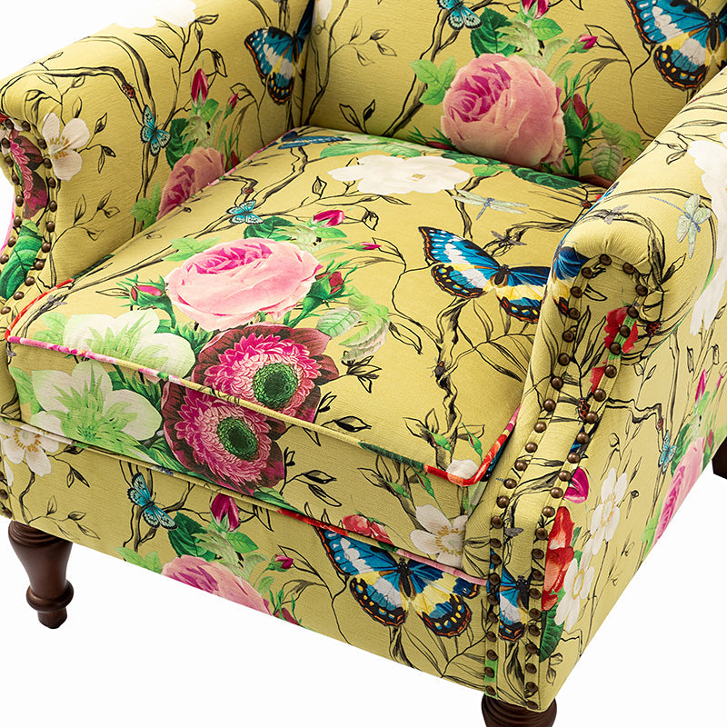 Fauteuil à oreilles avec garniture cloutée en cuivre, accoudoirs roulés, coussin d'assise amovible et pieds en bois massif de noyer tournés | Oiseau / Bleu marine / Noir / Moutarde / Beige / Vert | Monoplace