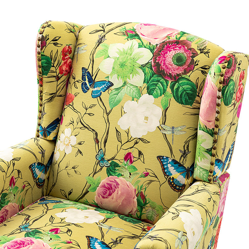 Fauteuil à oreilles avec garniture cloutée en cuivre, accoudoirs roulés, coussin d'assise amovible et pieds en bois massif de noyer tournés | Oiseau / Bleu marine / Noir / Moutarde / Beige / Vert | Monoplace
