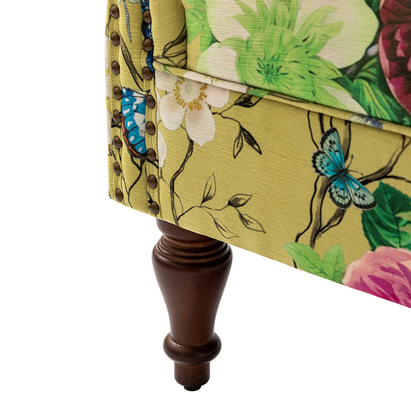 Fauteuil à oreilles avec garniture cloutée en cuivre, accoudoirs roulés, coussin d'assise amovible et pieds en bois massif de noyer tournés | Oiseau / Bleu marine / Noir / Moutarde / Beige / Vert | Monoplace