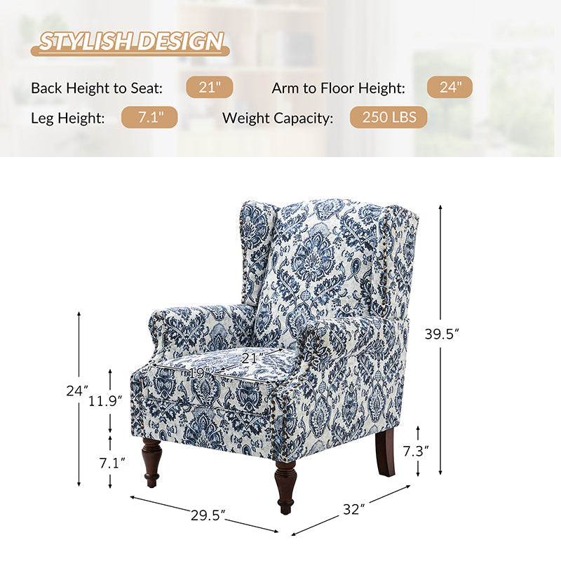 Fauteuil à oreilles avec garniture cloutée en cuivre, accoudoirs roulés, coussin d'assise amovible et pieds en bois massif de noyer tournés | Oiseau / Bleu marine / Noir / Moutarde / Beige / Vert | Monoplace