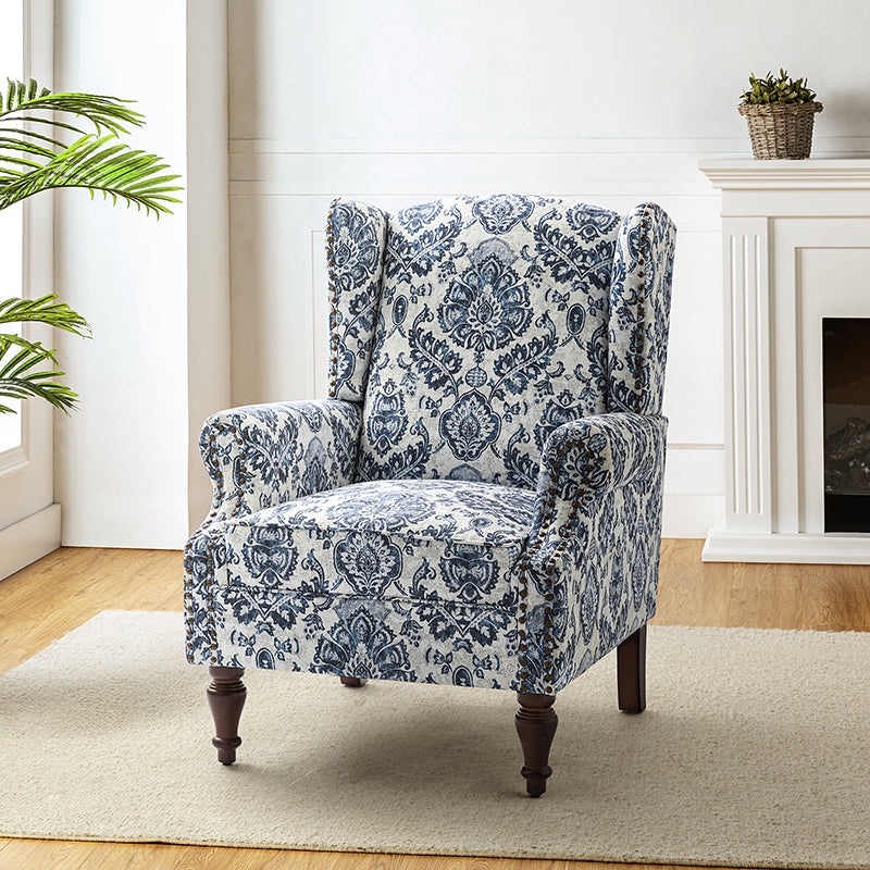 Fauteuil à oreilles avec garniture cloutée en cuivre, accoudoirs roulés, coussin d'assise amovible et pieds en bois massif de noyer tournés | Oiseau / Bleu marine / Noir / Moutarde / Beige / Vert | Monoplace