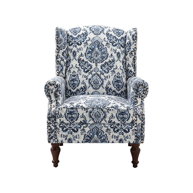 Fauteuil à oreilles avec garniture cloutée en cuivre, accoudoirs roulés, coussin d'assise amovible et pieds en bois massif de noyer tournés | Oiseau / Bleu marine / Noir / Moutarde / Beige / Vert | Monoplace