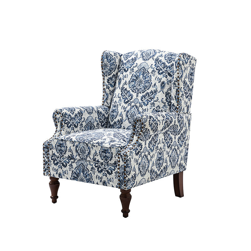 Fauteuil à oreilles avec garniture cloutée en cuivre, accoudoirs roulés, coussin d'assise amovible et pieds en bois massif de noyer tournés | Oiseau / Bleu marine / Noir / Moutarde / Beige / Vert | Monoplace